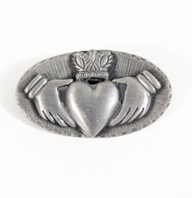 Celtic Irish Claddagh Oval Pewter Brooch Heart Crown Pin
