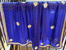 Dupatta Sheer Blue Red Dots Silver Metallic Rhinestone Banded 45x96"