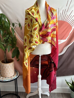 GOTTEX silk Yellow Red Orange Tropical Floral Scarf Wrap Sarong xl size  Hawaii