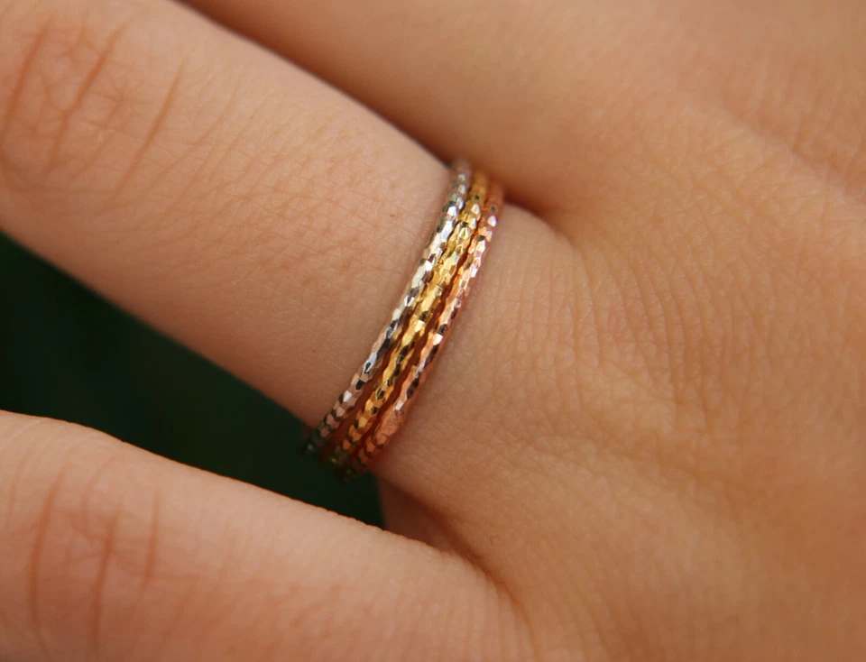 tre anelli argento 925 Oro giallo rosa bianco tris diamantato sottile 3 ori fini - Immagine 2 di 4