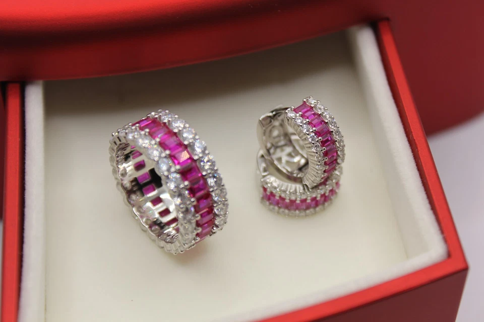 ORECCHINI ANELLO FASCIA ARGENTO ZIRCONI RUBINO E BIANCHI  BAGUETTE MIS 16 EXP - Immagine 2 di 4