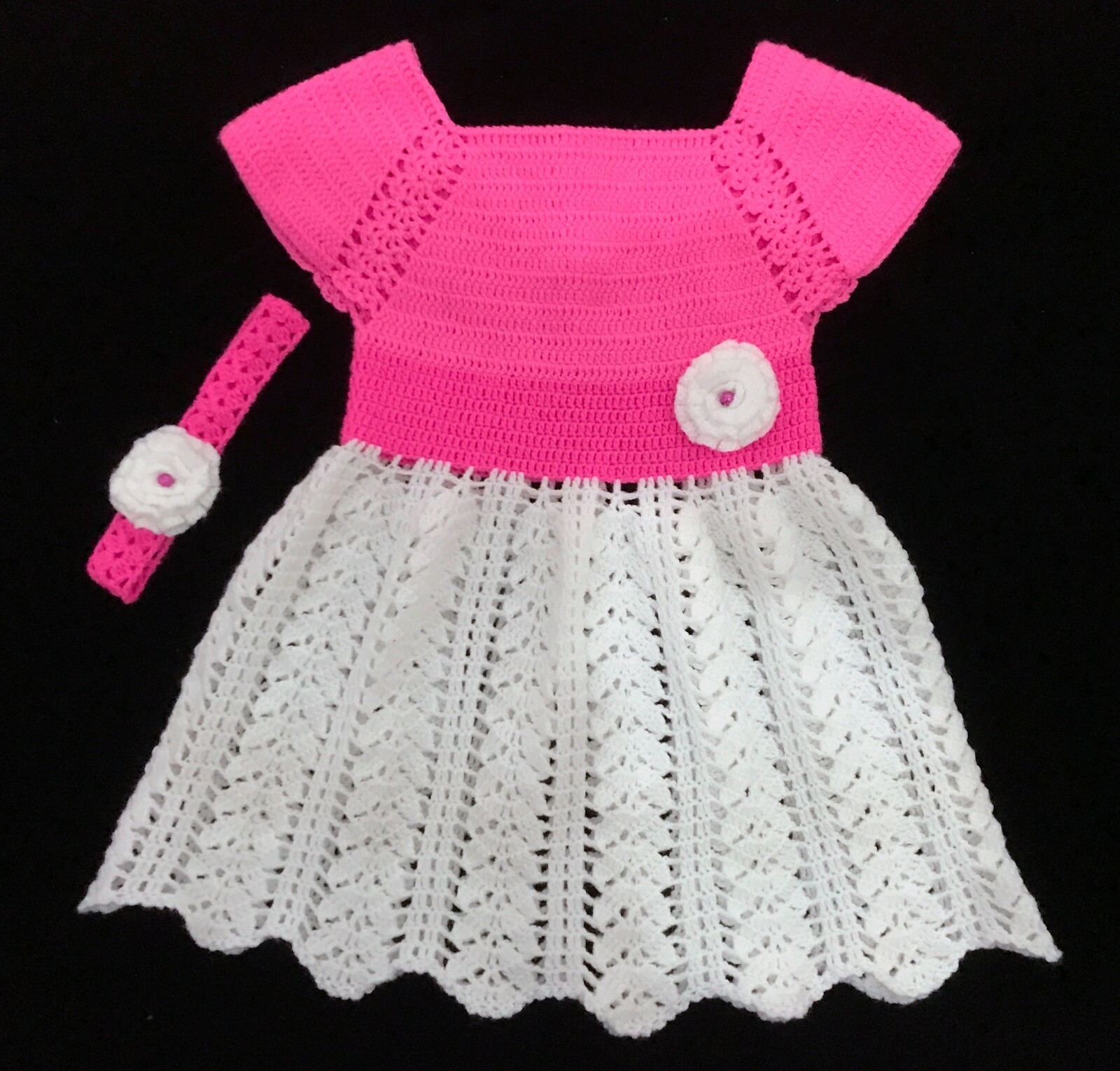 2-3 Years Cute Baby Girl Kids  Knitted Full Dress Wool Pink White Headband Gift