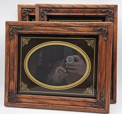 Vintage Oak Picture Frames Filigree With Reverse Painted Gold Oval Photo Mattes