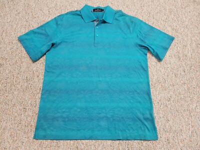 Bugatchi Uomo Polo Shirt Mens Medium Teal Blue Floral Stripe Mercerized Cotton