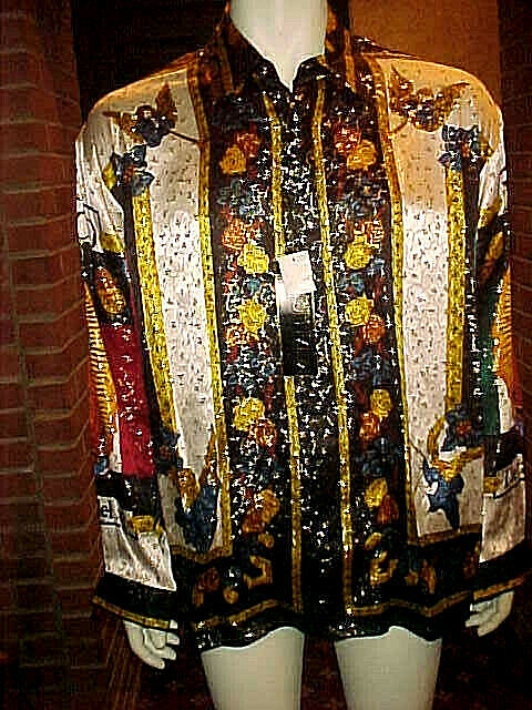 mexican silk dress shirts NWT MEN METALLIC SILK BAROQUE VIRGEN DE GUADALUPE MEXICO SILK STYLE SHIRT  MED