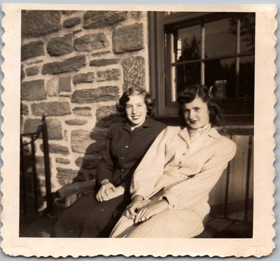 Vtg Snapshot Two Young Women Smiling Stone Wall Window Fashion 1940s