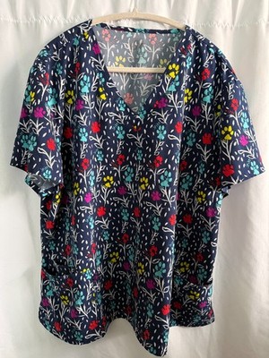 GT Performance 3XL Women s Scrub Top Paw Print Floral Navy V-Neck Plus Size VGUC