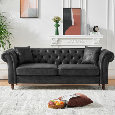Luxury Chesterfield Leather Sofa - 83'' Mid Century Modern 3-Seater Couch