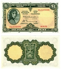 1972 Ireland Central Bank 1 Pound Banknote UNC P64c Lady Lavery -