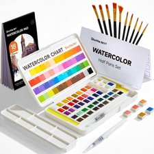 Watercolor Paint Set, 48 Colors Watercolor Paint in Half Pans with 2 Water Br...