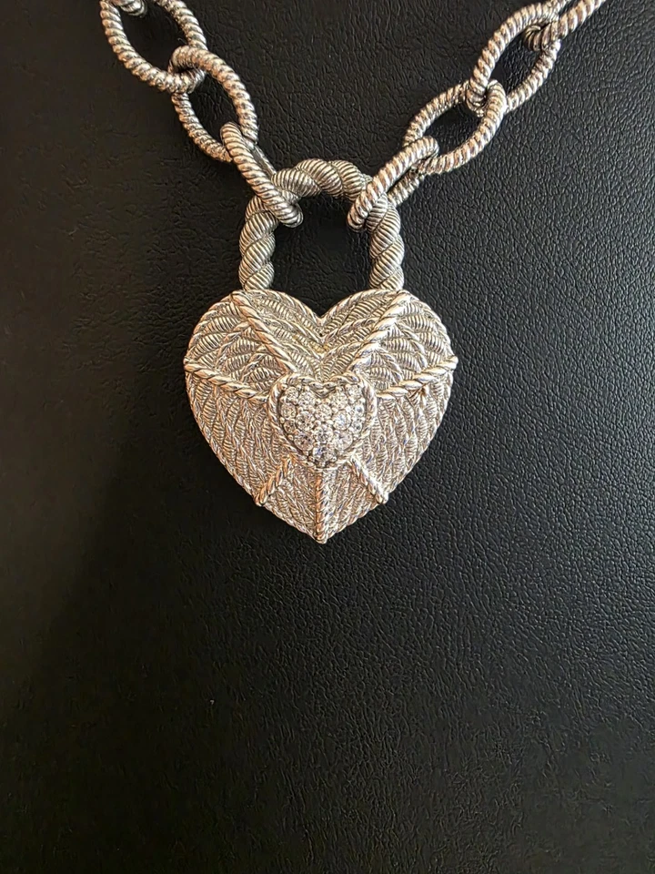 17” Judith Ripka Sterling Silver Basket Weave Chain Link Heart Charm Necklace  - Image 3 of 4