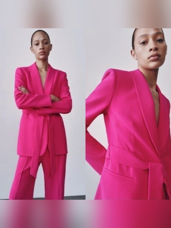 Zara | Fuchsia Belted Tuxedo Collar Blazer image 2