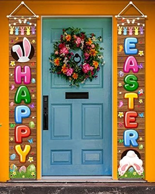 Easter Party Supplies-Happy Easter Banner,2PCS Happy Easter Front Porch Sign
