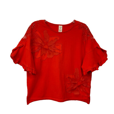 We The Free Top Orange Flower Embroidery Net Panels Ruffle Petal Sleeves Boho S