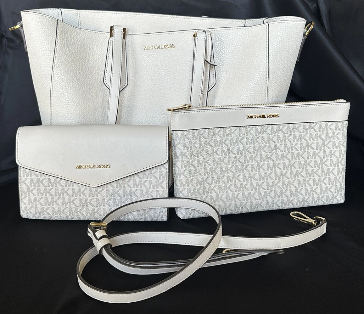 Michael Kors Lgt Cream MAISIE 3 IN 1 Tote Purse Bag & 2 Pouches, Strap Snap  Ins