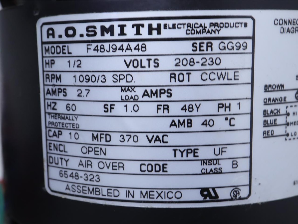 A.O. Smith F48J94A48 Blower Motor 1/2HP 208/230V 1090RPM A.O. Smith F48J94A48 Blower Motor 1/2HP 208/230V 1090RPM