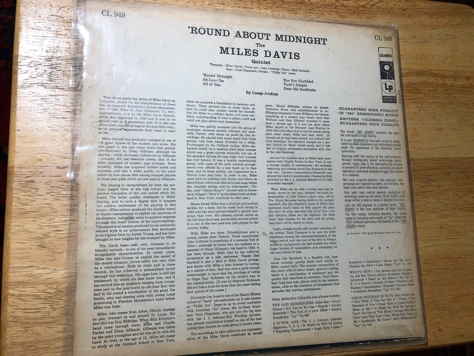 MILES DAVIS QUINTET LP 'ROUND ABOUT MIDNIGHT 2-EYE MONO VG+ JOHN COLTRANE - Image 3 of 4