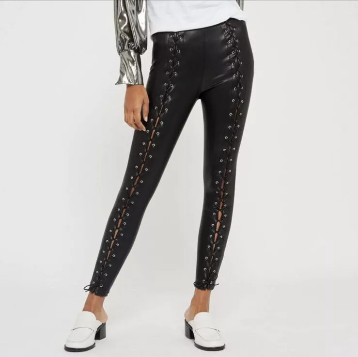 Topshop Faux Leather Percy Lace Up Skinny Pants High Waisted Black