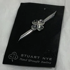 VTG STUART NYE 925 Sterling Silver Dogwood Flower 3" Bar Brooch Pin Orig Card