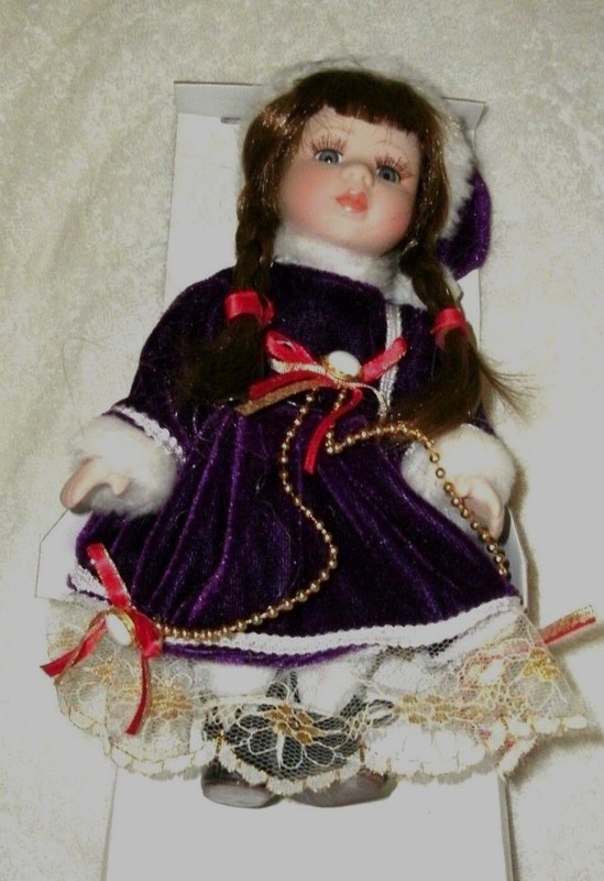 Porcelain Victorian doll Christmas Holiday winter 8" new in box