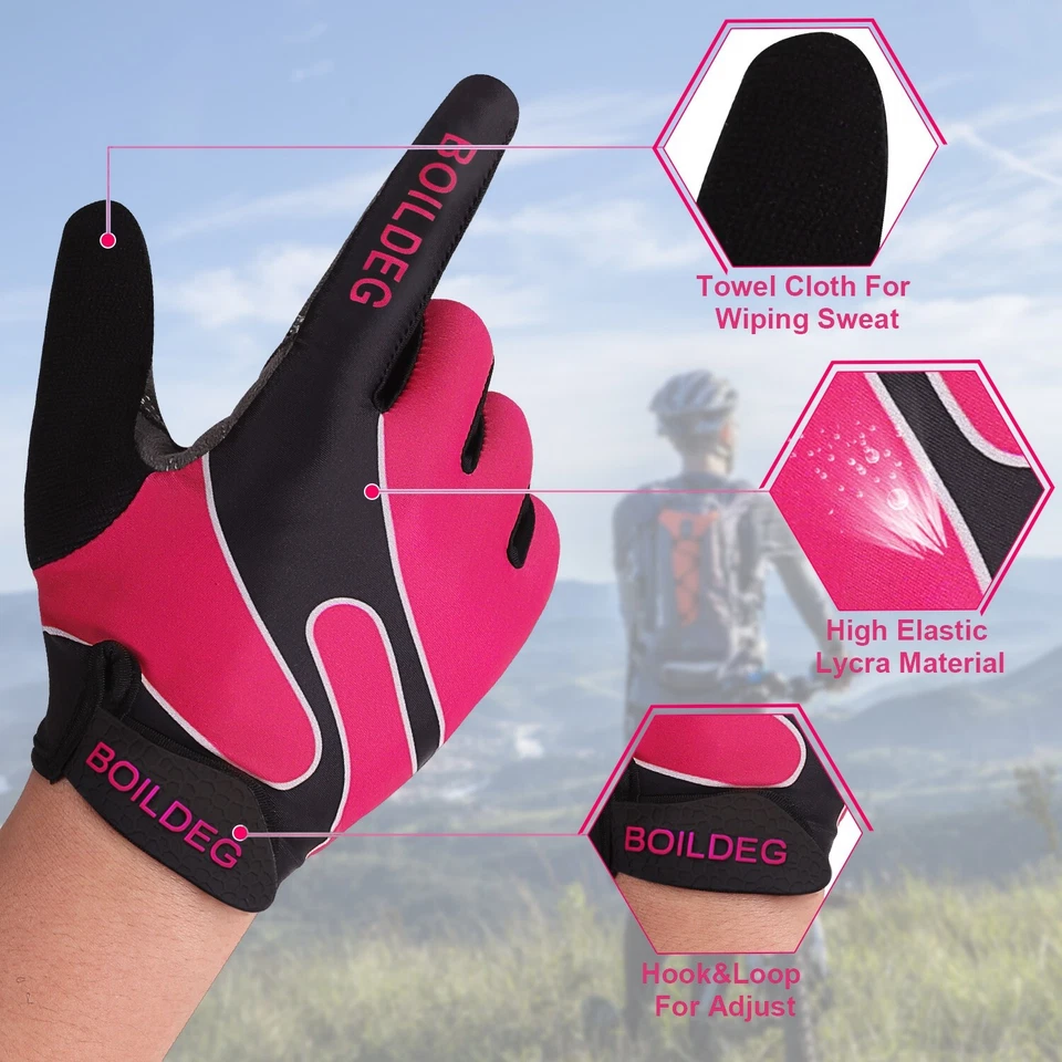BOILDEG Women Cycling Full Finger Gloves SBR Touchscreen MTB Bike Gloves Rose - Image 2 of 4