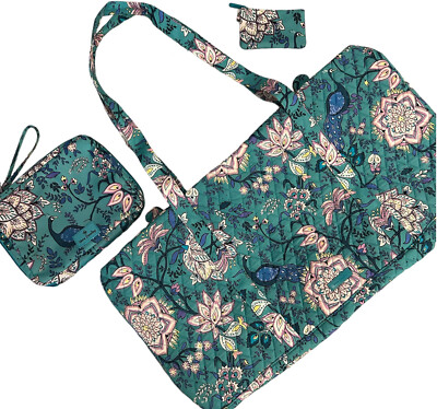 Vera Bradley Peacock Garden 3 Pc Set XL Duffel Weekender Bag Pouch
