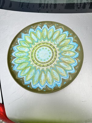 Four vtg retro 70s Allied Chemical Avocado Green Melamine Mandala Melmac plates