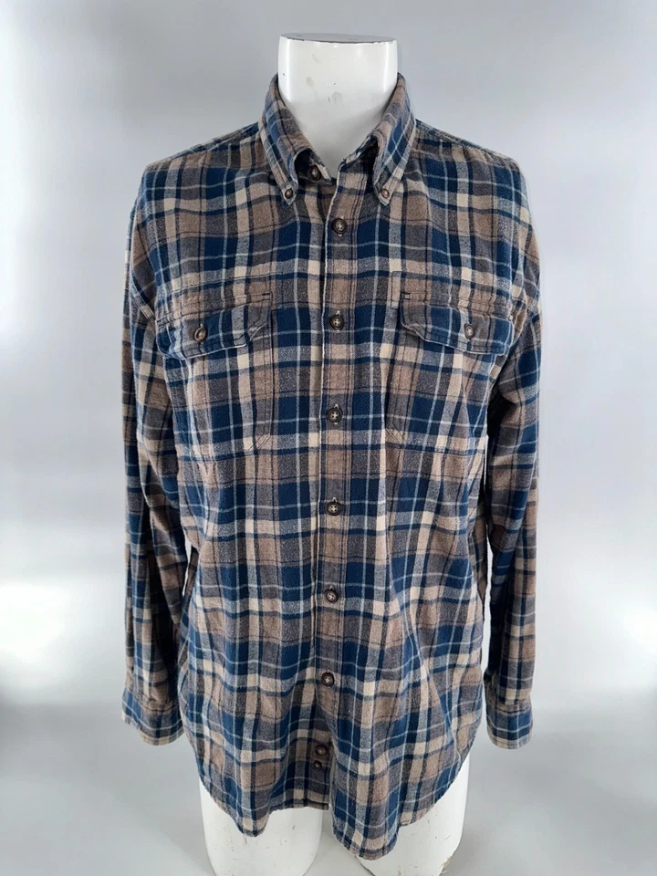 GH Bass Earth Button-Up Shirt Men L Blue Brown Plaid 100% Cotton YGI J4-92 - Image 2 of 4
