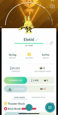 Pokémon PTC Go - XXS Shiny Elekid Spark Themed - 80K Stardust Pokémon PTC Go - XXS Shiny Elekid Spark Themed - 80K Stardust