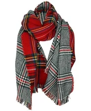 Cejon Scholaraly Double-Plaid Reversible Blanket Scarf, Red