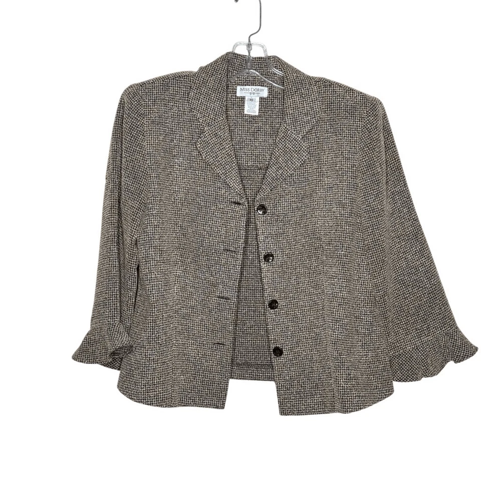 Miss Dorby Vintage Black Tan Long Sleeve Blazer Skirt Suit Size 10 Ruffle Sleeve - Image 4 of 4