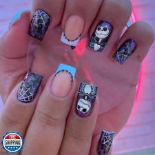 Halloween Press on Nails Medium Square Fake Nails with Spider Web Design Acry