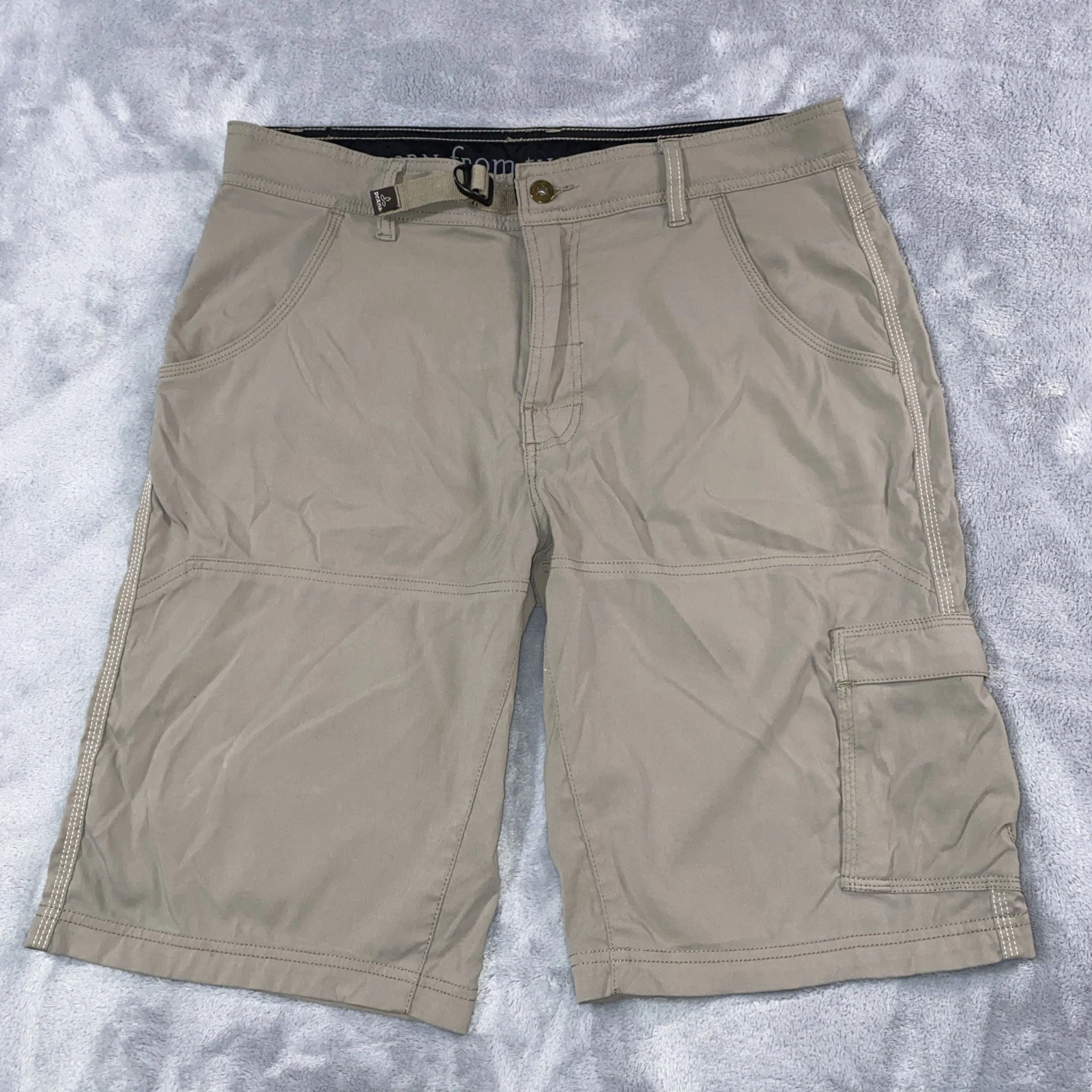 PRANA Belted Khaki Nylon Cargo Shorts M Reg Fit TRAIL Gorpcore CAMP Hike 34x11