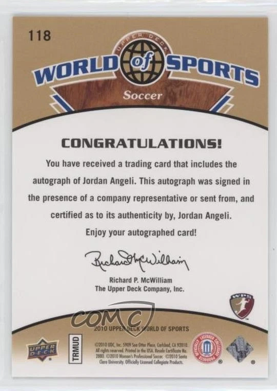 2010 Upper Deck World of Sports Auto Jordan Angeli #118 Auto - Image 2 of 2