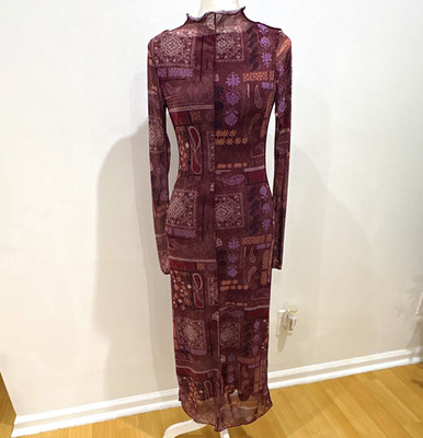 Dress S Burgundy Paisley Mesh Sheer Lined Stretch Mock Neck Midi Emory Park