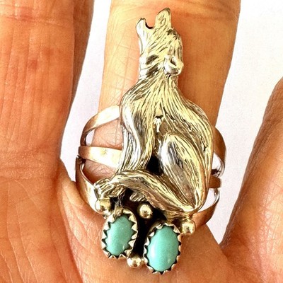 Navajo Wolf Turquoise Ring Sz 10 William Begay Sterling Howling Moon Native Amer