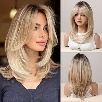 Short Ombre Blonde Brown Bob Wigs Women Cute Layered Mixed Blonde Synthetic Wig