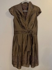 Adrianna Papell Silk Cocktail Party Dress Taupe Bronze Wrap Style Full Skirt 14