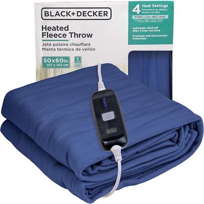BLACK+DECKER Heated Throw Blanket, 50'' x 60'', Fleece, 4 Heat Settings, 3hr Timer