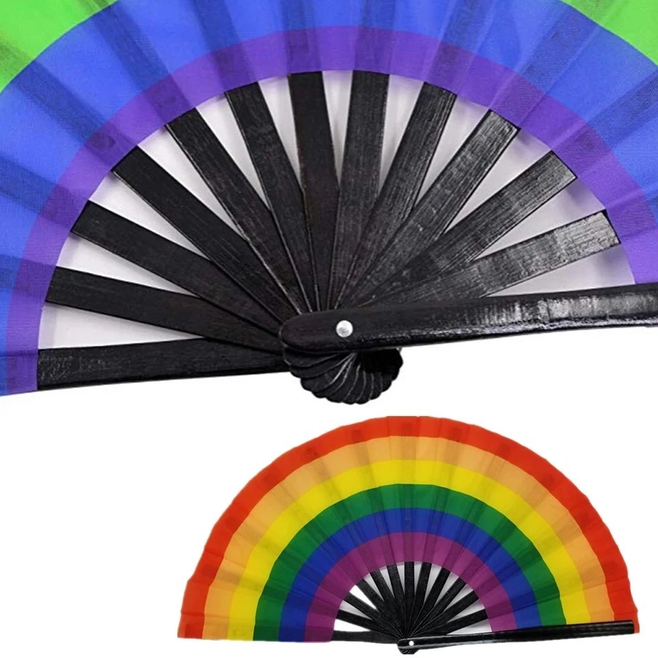 Large Folding Hand Fan Black Bamboo Rave Festival Clack Fan Rainbow Pride Fan - Image 4 of 4