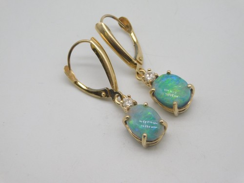 LOVELY VINTAGE 14K GOLD FIERY FIRE OPAL DOUBLET DIAMOND STONE DANGLE EARRINGS - Picture 10 of 16