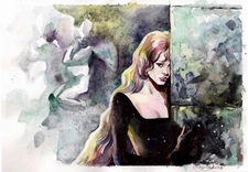 Original Watercolor Artwork Blonde Woman Vintage Collectible Art