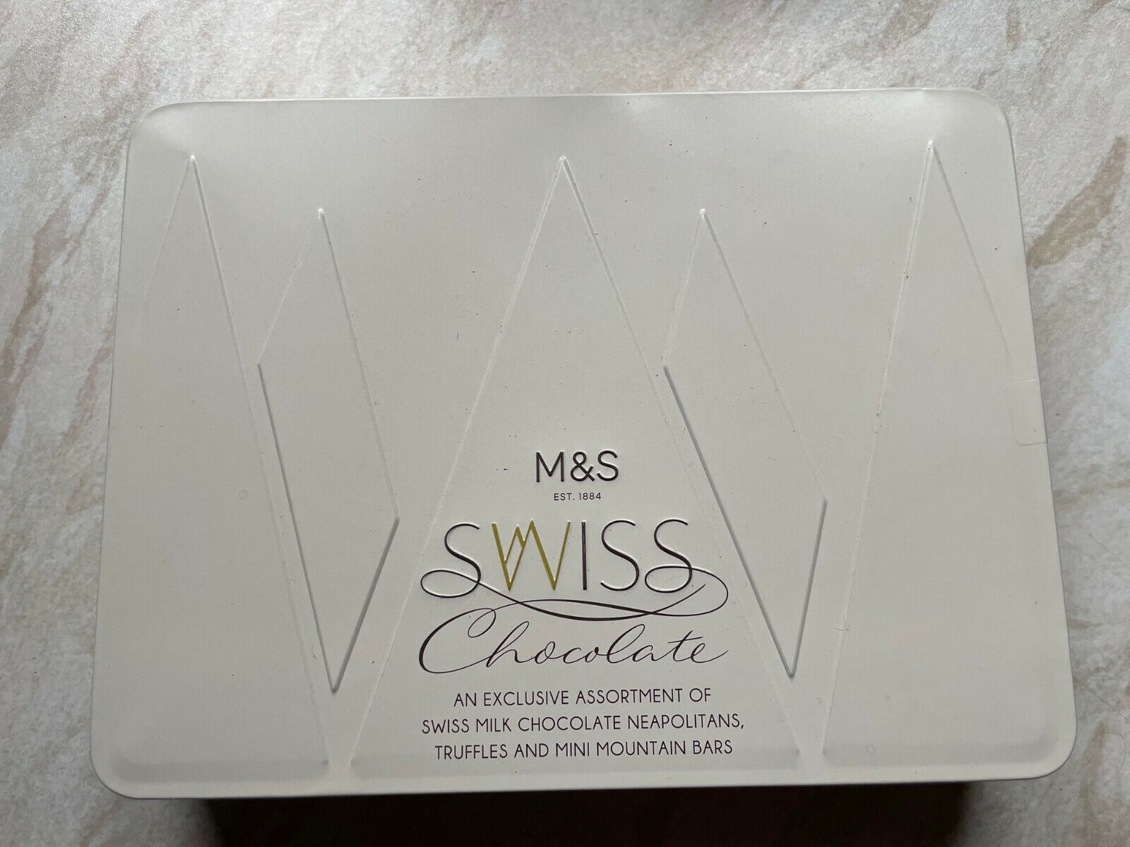 Marks and Spencer collectible Swiss Chocolate tin box. Embossed Cream ...