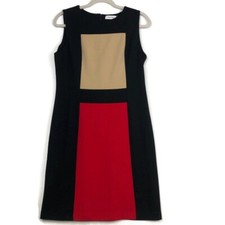 Calvin Klein Ponte Knit Black Red Tan Sheath Dress Womens Sz-10 Sleeveless