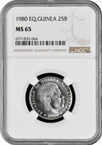 Equatorial Guinea 25 bipkwele 1980, NGC MS65, "President Teodoro Obiang Nguema"