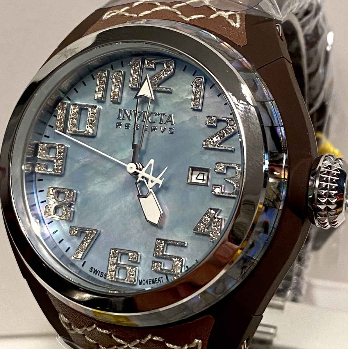 54mm 0.32ctw Diamond Hours | Platinum MOP | Brown Band  display picture 2