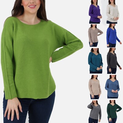 Italienischer Damenpullover Lagenlook weicher Strick uni U-Ausschnitt Saum Oberteil