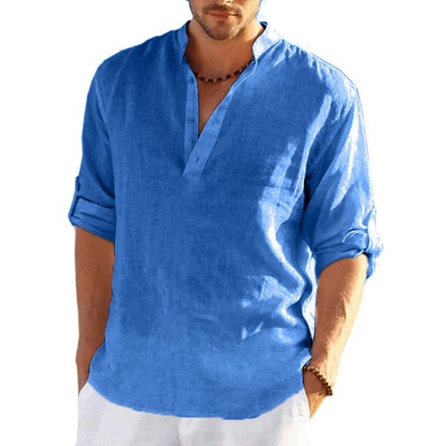 T-shirt a maniche lunghe in lino da uomo nuova tinta unita camicia casual traspi - Foto 56 di 67
