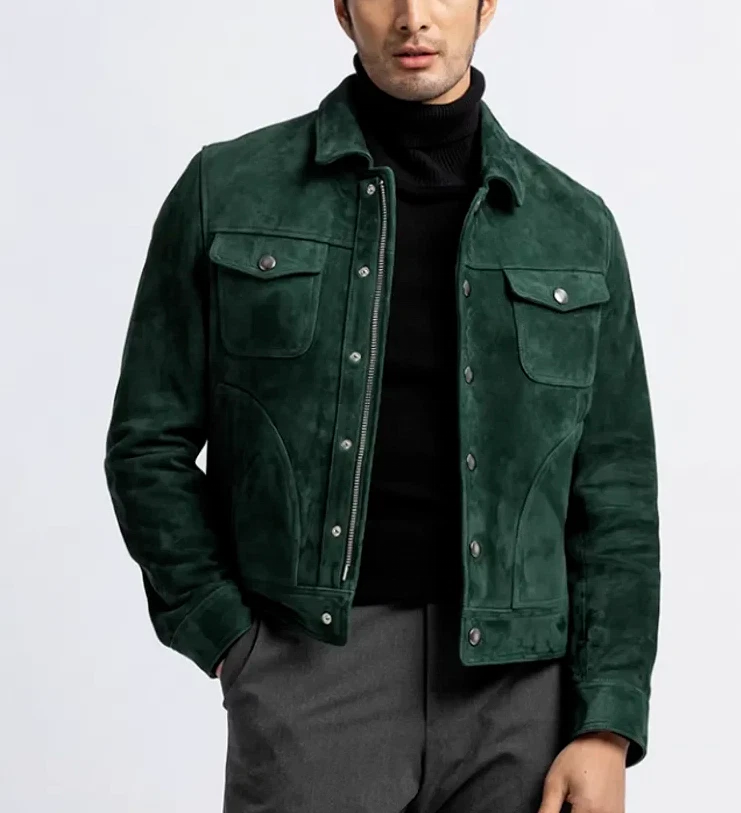 Men Green Racer Leather Jacket Pure Suede Size XS S M L XL XXL 3XL Custom Made