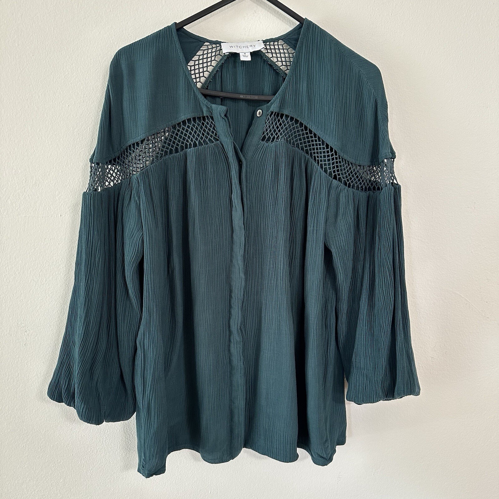 Witchery Womens Emerald Green Button Up Blouse Soft Fabric Size 8